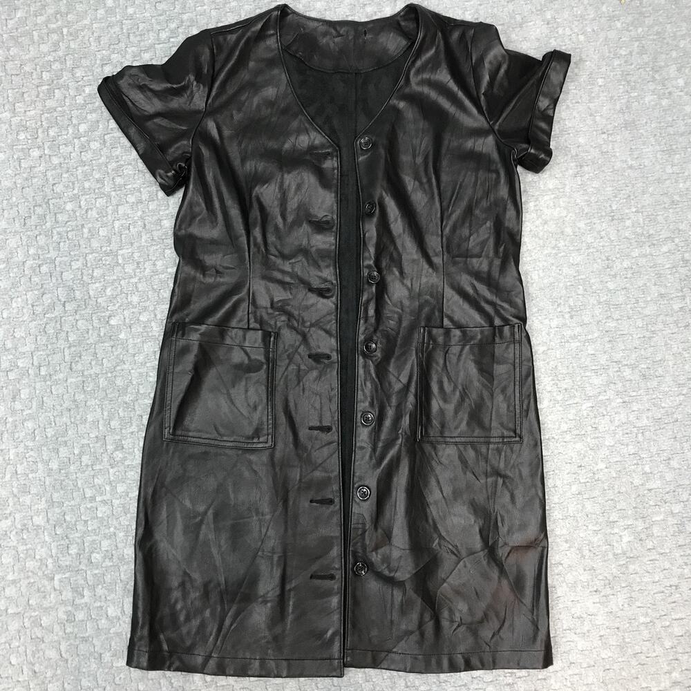 Faux Leather Dress Womens Medium Short Sleeve Button Front Pockets Edgy Modern - Picture 2 of 16